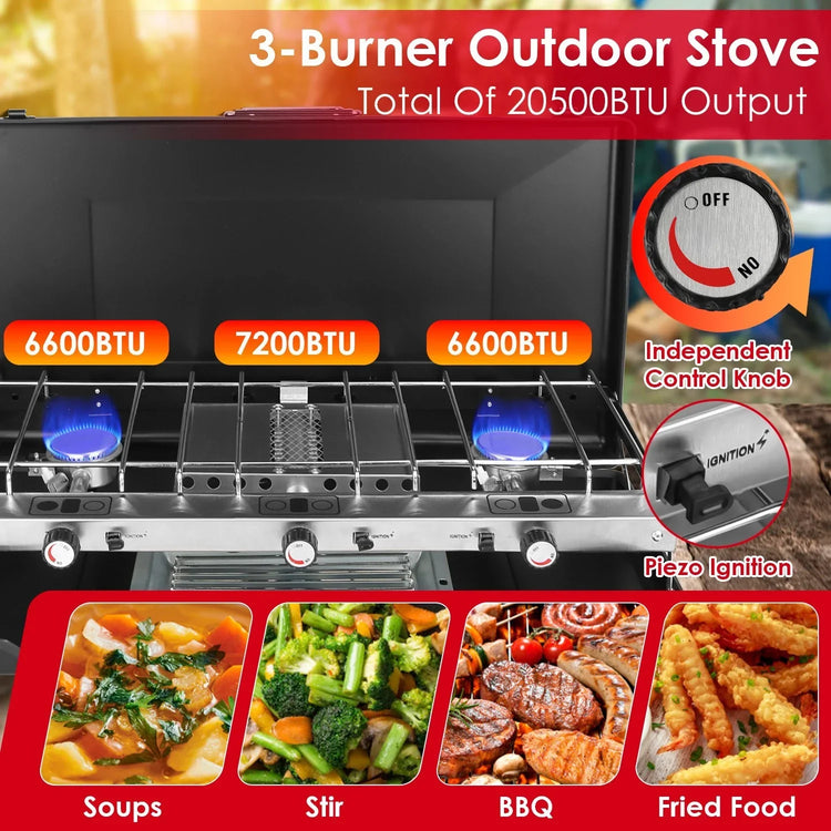 3-burner outdoor stove with stainless steel design, blue flame burners, independent control knobs, and piezo ignition, suitable for soups, stir fry, BBQ, and fried food.