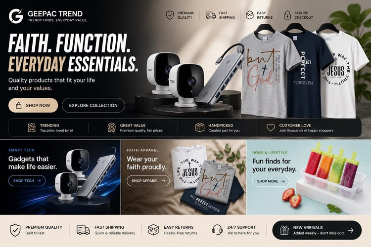 Gray, navy, and white faith-themed t-shirts with bold text designs, displayed with tech gadgets.