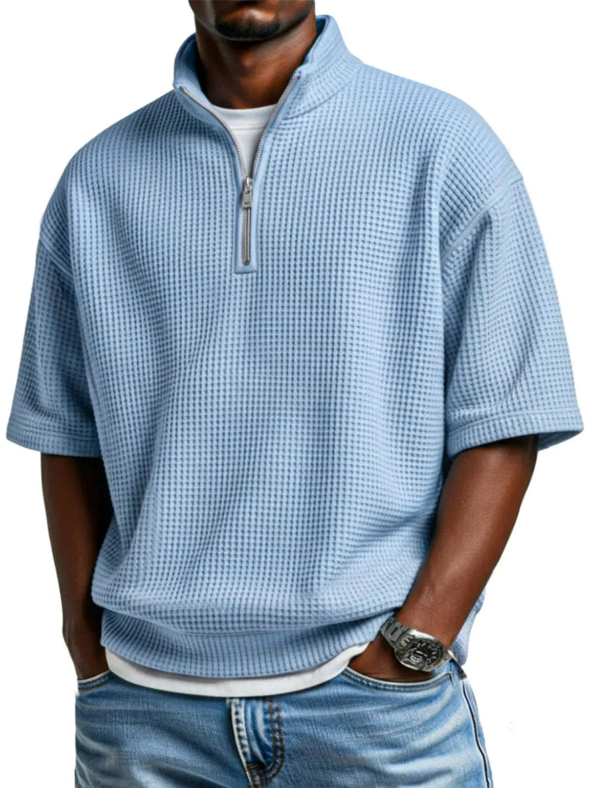 Light blue waffle knit half zip short sleeve pullover, relaxed fit, casual streetwear style