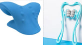 Blue silicone neck support pillow and aqua massage roller for muscle relaxation