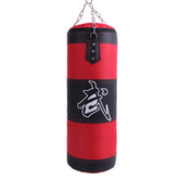 Red and black hanging punching bag with white graphic, durable synthetic leather material