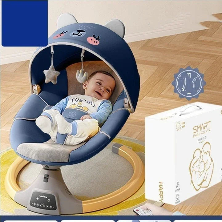 Baby in blue and gray cozy rocker with bear ears canopy and hanging soft toys