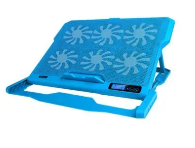 Blue adjustable laptop cooling pad with five fans, mesh surface, and digital display
