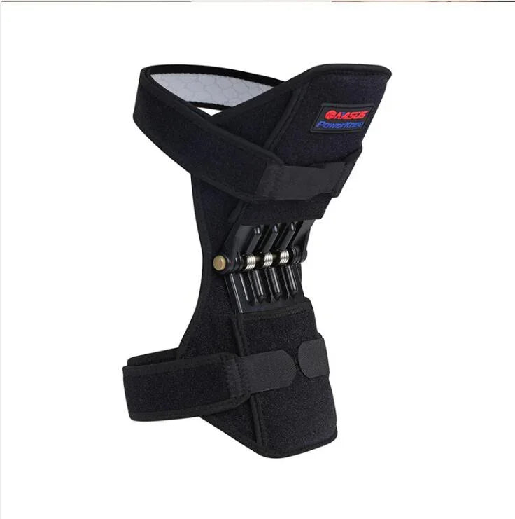 Black adjustable knee brace with metal spring support, ergonomic fit, durable fabric