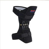 Black adjustable knee brace with metal spring support, ergonomic fit, durable fabric