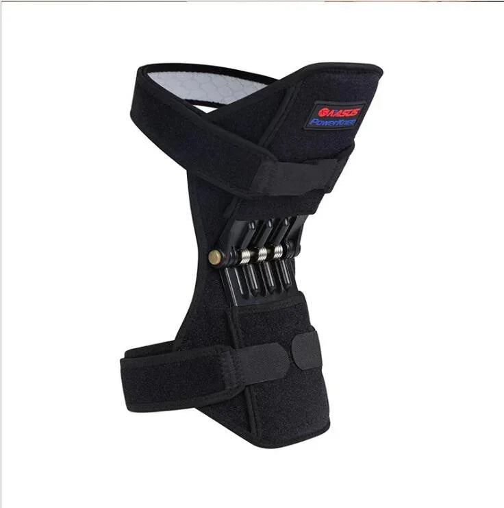 Black adjustable knee brace with metal spring support, ergonomic fit, durable fabric