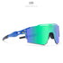 Futuristic blue sunglasses with yellow splatter, mirror green lens, visor style, sporty fit