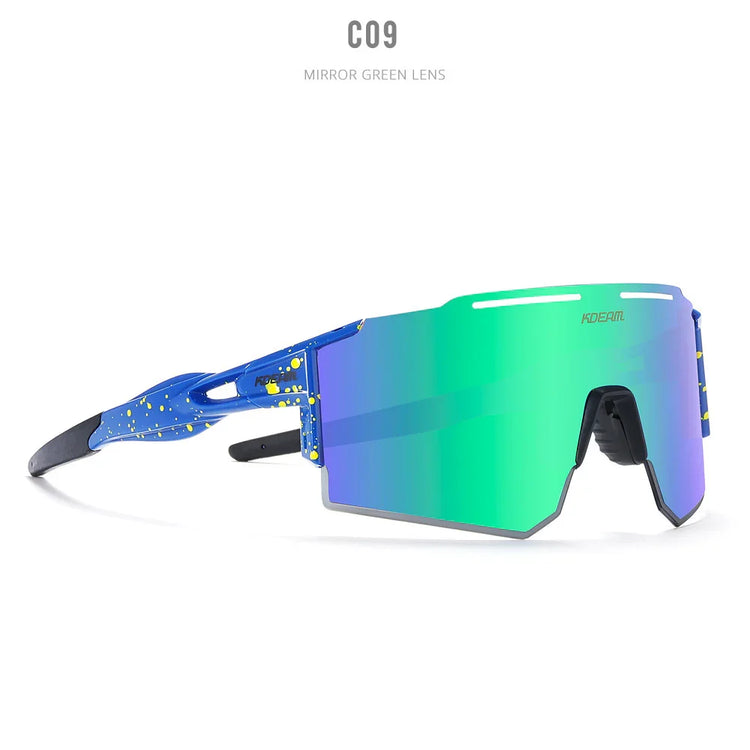 Futuristic blue sunglasses with yellow splatter, mirror green lens, visor style, sporty fit