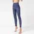 High-waisted blue floral leggings, fitted stretch fabric, seamless style