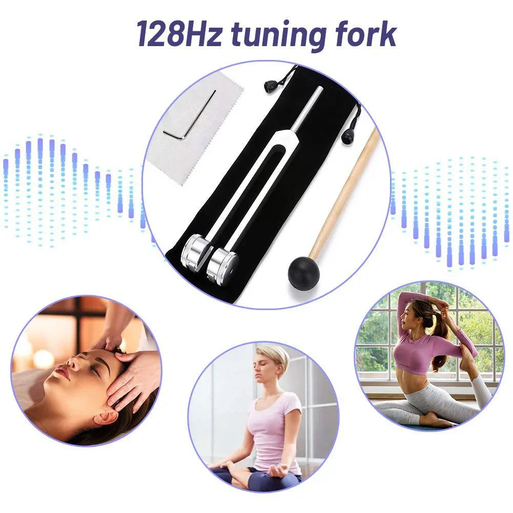 128Hz metal tuning fork set with mallet, used for meditation, sound therapy, and yoga relaxation.