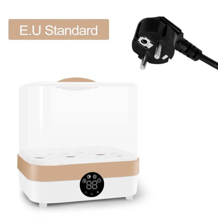 White and beige electronic device with EU plug and digital display, modern countertop appliance