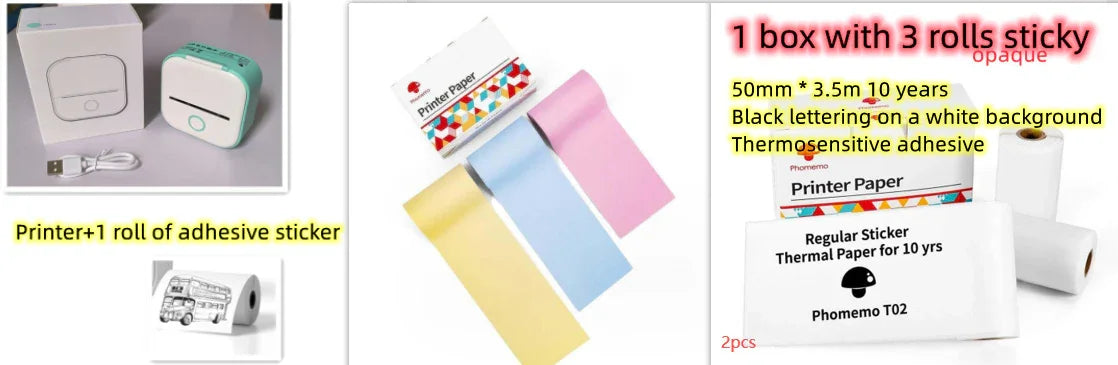 Mini portable thermal printer with USB cable, adhesive sticker rolls, and colorful thermal paper for tech accessories and lifestyle essentials.