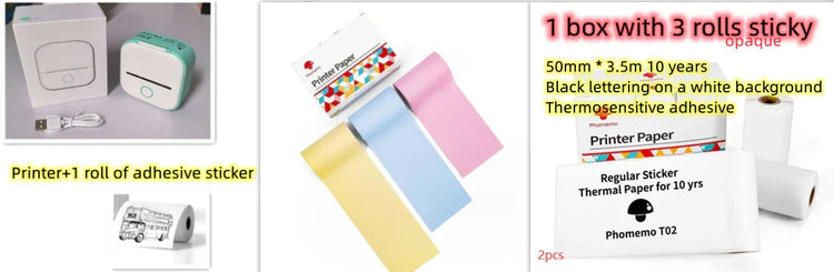 Mini portable thermal printer with USB cable, adhesive sticker rolls, and colorful thermal paper for tech accessories and lifestyle essentials.
