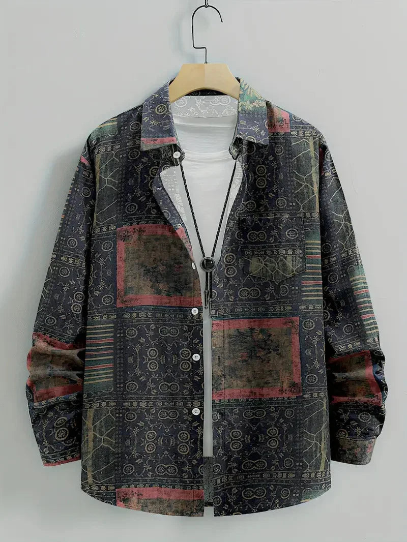 Men’s relaxed fit button-up shirt with vintage geometric print, dark tones, long sleeves.