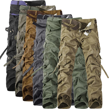 Men's cargo pants in multiple colors, cotton material, relaxed fit, with utility pockets.