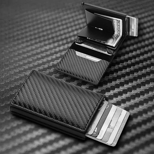 Black carbon fiber minimalist wallet with card slots, slim fit, modern design, open and closed views