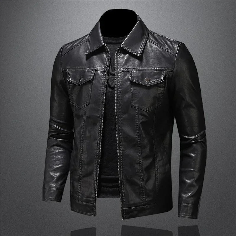 Men’s black faux leather jacket with front pockets, slim fit, and collared design