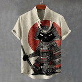 Beige short-sleeve shirt with loose fit, featuring a black cat samurai and red sun graphic.