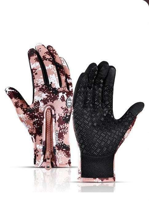 Digital camouflage gloves with zipper closure, textured palm grip, snug fit, and soft fabric