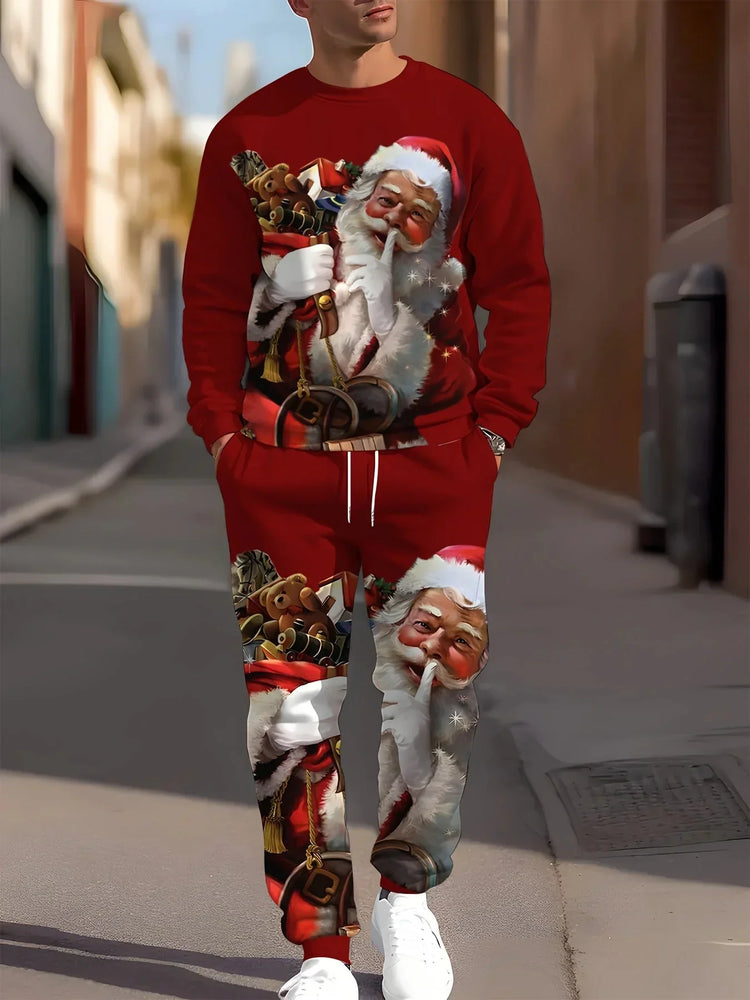 Red Christmas loungewear set with Santa Claus print, relaxed fit, soft material, streetwear style