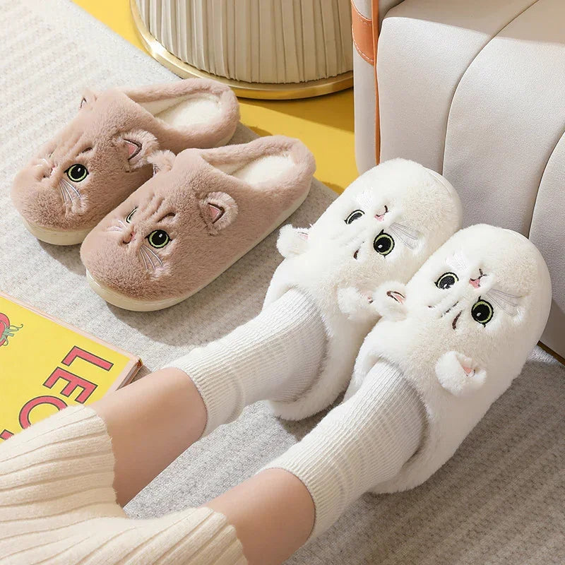Plush cat face slippers in beige and white, cozy indoor footwear, soft furry material