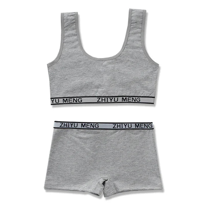Grey cotton lounge set with sporty tank top and fitted shorts, elastic waistbands, casual fit