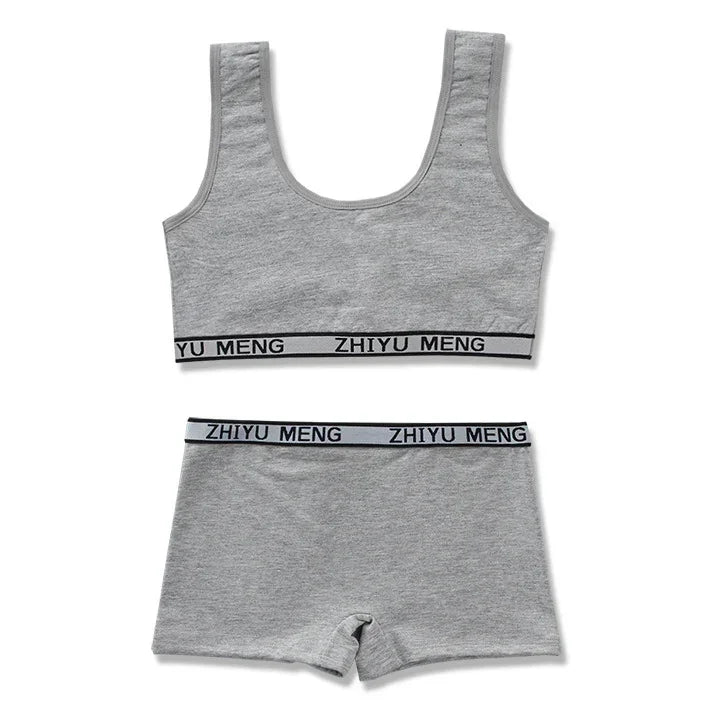 Grey cotton lounge set with sporty tank top and fitted shorts, elastic waistbands, casual fit