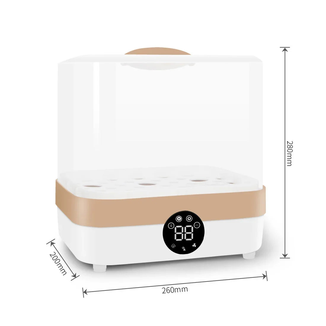 White and beige tabletop incubator with transparent lid, digital display, and size dimensions