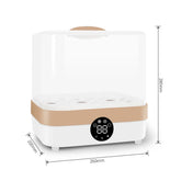 White and beige tabletop incubator with transparent lid, digital display, and size dimensions