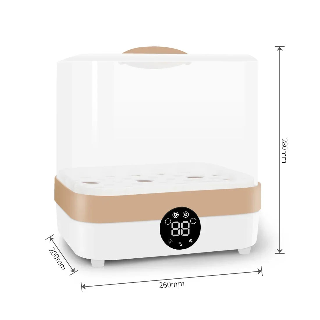 White and beige tabletop incubator with transparent lid, digital display, and size dimensions