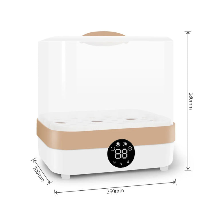 White and beige tabletop incubator with transparent lid, digital display, and size dimensions