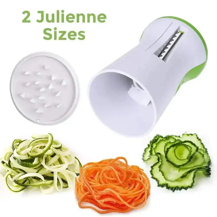 Dual blade handheld spiralizer with julienne option, shown with spiralized cucumber and carrot.