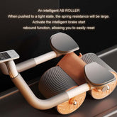 Futuristic ab roller with dual textured wheels, digital display, and ergonomic handles, displayed indoors.