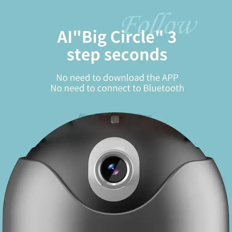 Close-up of a black AI-powered tech gadget with a camera lens on a light blue background
