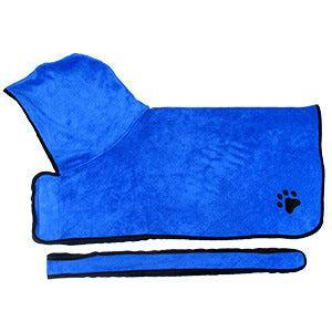 Bright blue hooded pet towel with black trim, made of soft microfiber, paw print detail