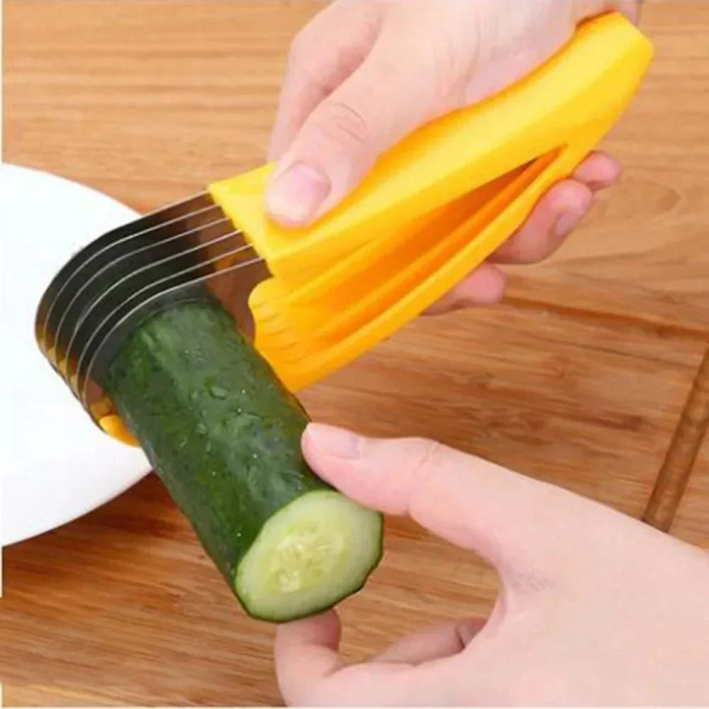 Multi-blade yellow vegetable slicer cutting fresh cucumber on wooden surface