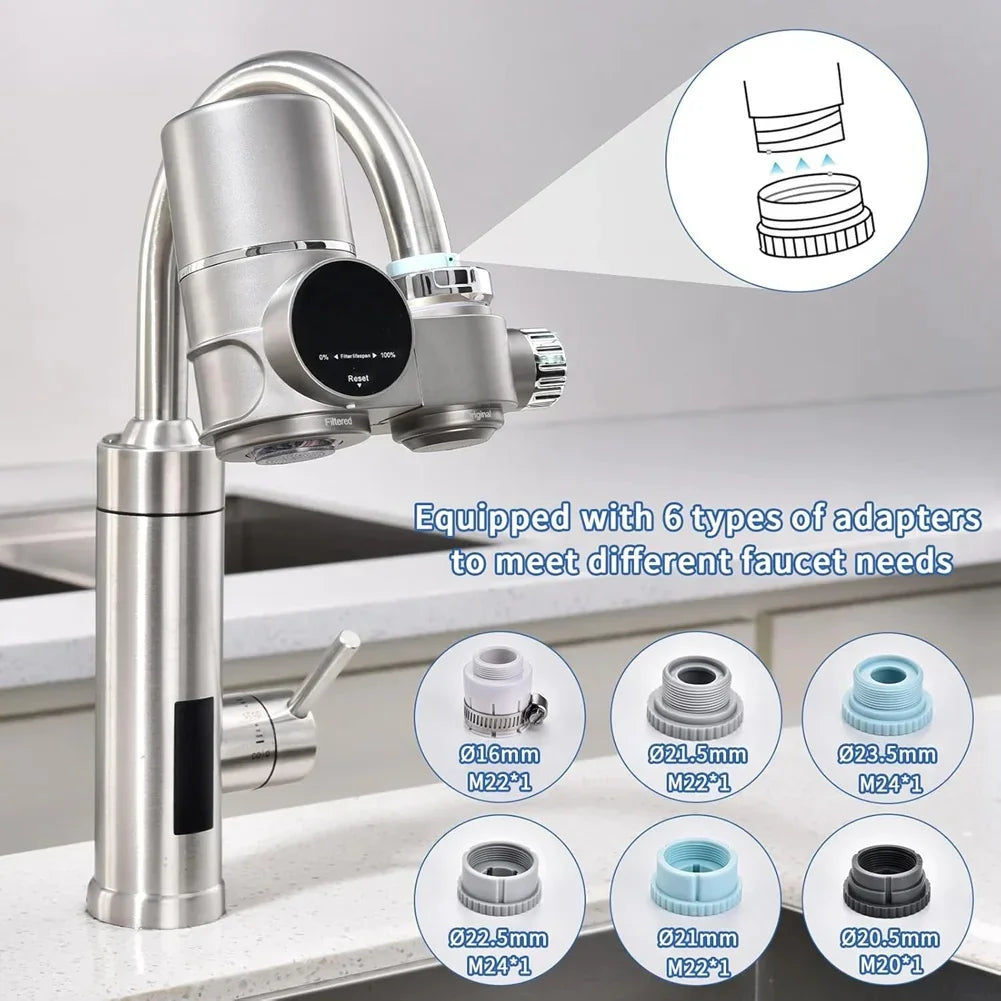 Stainless steel kitchen faucet with attached water filter and six faucet adapters displayed.