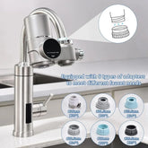 Stainless steel kitchen faucet with attached water filter and six faucet adapters displayed.