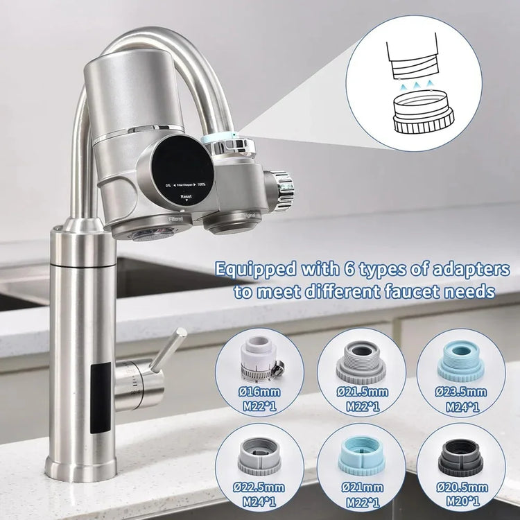 Stainless steel kitchen faucet with attached water filter and six faucet adapters displayed.