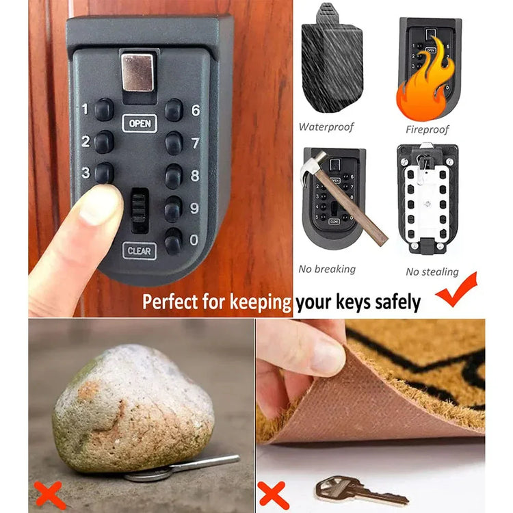 Black wall-mounted key lock box with push-button combination, waterproof, fireproof, secure design.