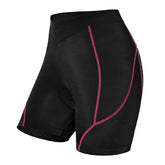 Black athletic shorts with pink stitching, form-fitting, made of stretch fabric