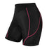 Black athletic shorts with pink stitching, form-fitting, made of stretch fabric