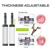 Adjustable meat slicer with stainless steel blades, showing thin and thick slice settings