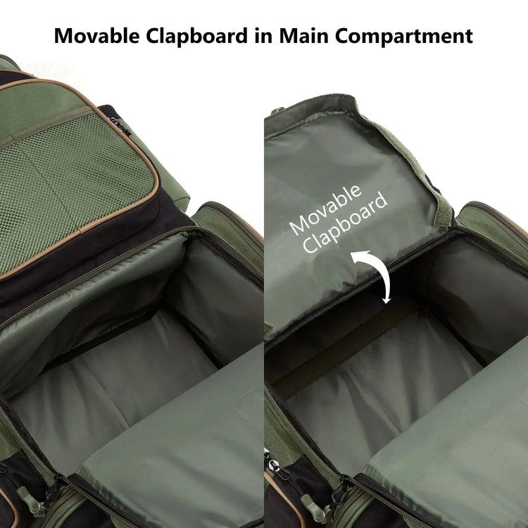 Olive green backpack with large main compartment and movable internal divider for flexible storage