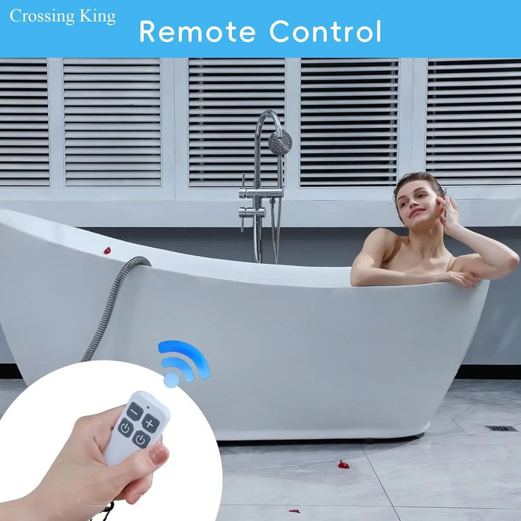 Woman relaxing in modern white bathtub using remote control, minimalistic bathroom setting