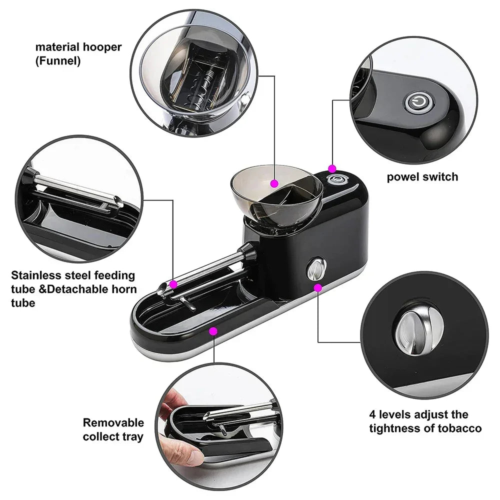 Black electric cigarette rolling machine with stainless steel tube, funnel, detachable tray, and adjustable settings.