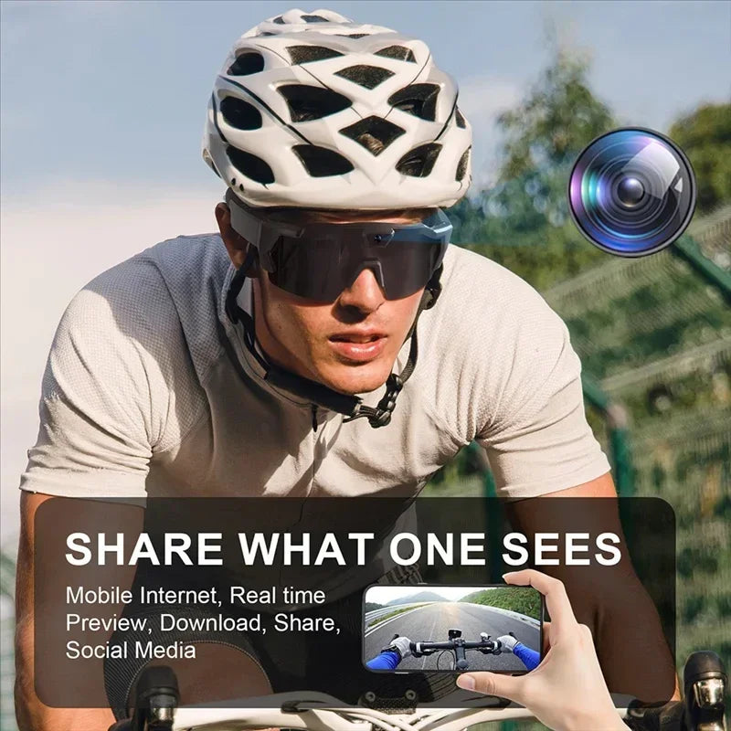 Man cycling in fitted white short-sleeve shirt and smart sunglasses with camera, outdoors