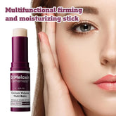 Moisturizing stick balm with maroon packaging shown beside woman’s smooth, hydrated face