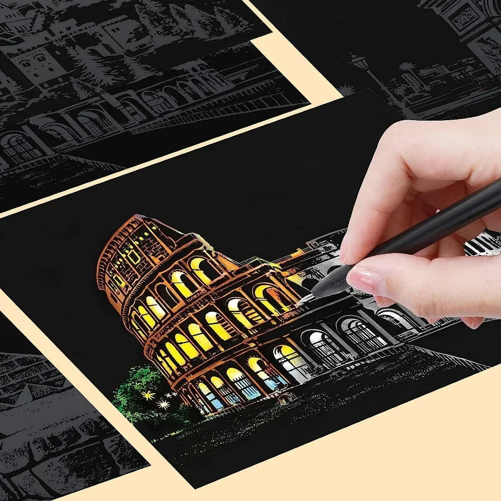 Hand scratching intricate Colosseum art on black scratch paper using a stylus tool