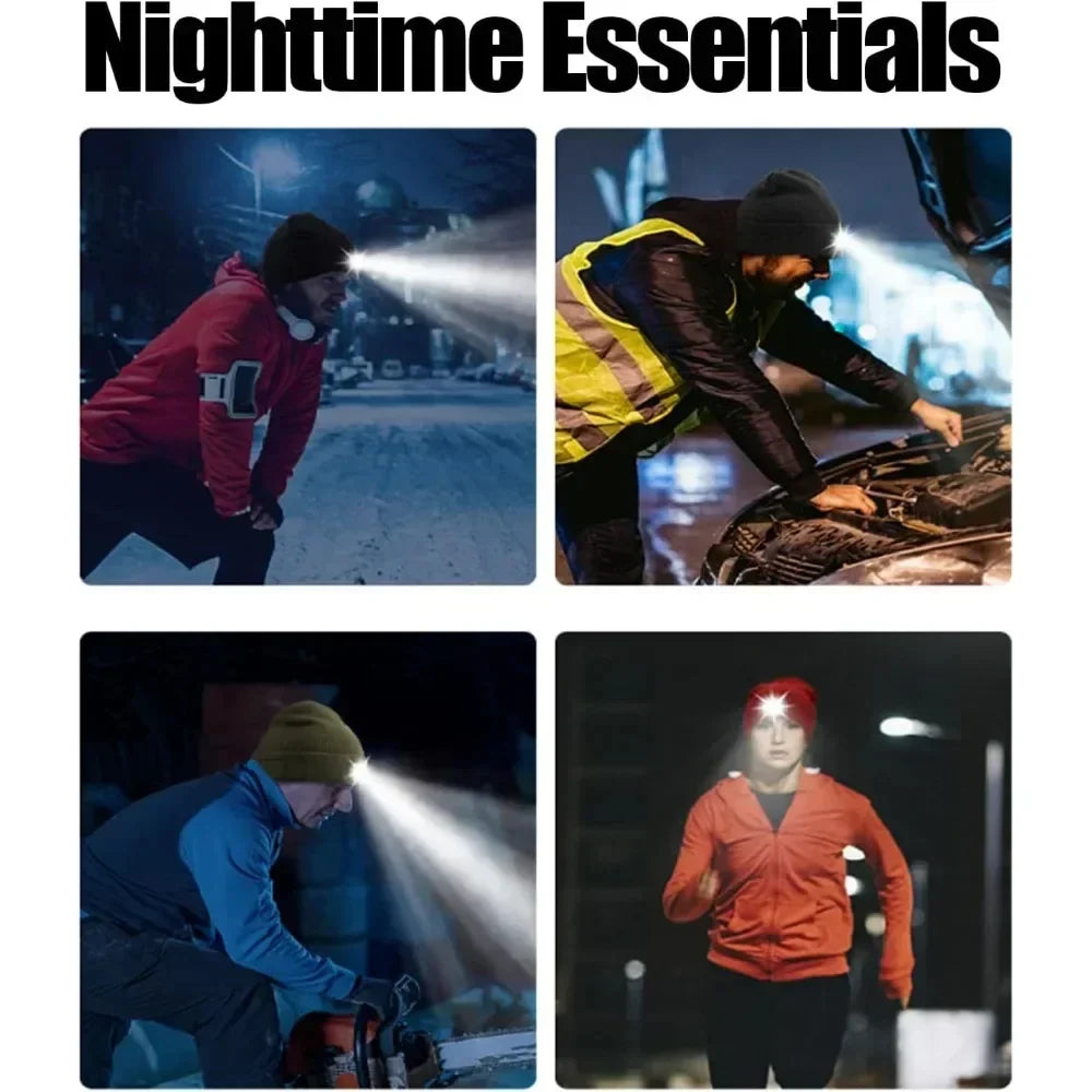 People wearing headlamp beanies in red, yellow, and dark colors at night while running, working, and jogging, showcasing winter streetwear with LED headgear and warm outerwear for nighttime visibility.